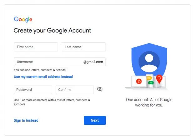 Create your account in Google
